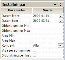 Objektnummer min Area max Area min Kontraktstyp Man kan också ange om man vill ha med uppgift om personnummer på de avflyttade hyresgästerna samt om man vill ha resultatet presenterat med en