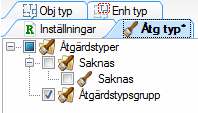 Övriga flikar som visas är bland annat Åtg typ (urvalsbegränsning av åtgärdstyper), Enh typ (begränsar enheter).
