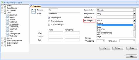 Vidare krävs att korrekt SFI-kod angetts för varje objektstyp, Välj Grunddata/Objekt/Objektstyper i Vitec Information.