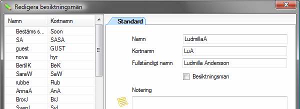 Grunddata/Besiktning/Besiktningsmän I grunddata Besiktningsmän anges de användare som skall vara valbara som besiktningsmän när en besiktning skapas.