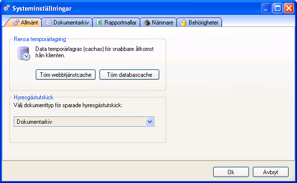 Systeminställningar Dialogen Systeminställningar hanterar följande områden: Allmänt Dokumentarkiv Rapportmallar Nämnare Behörigheter Systeminställningar används av alla programvaror från Vitec