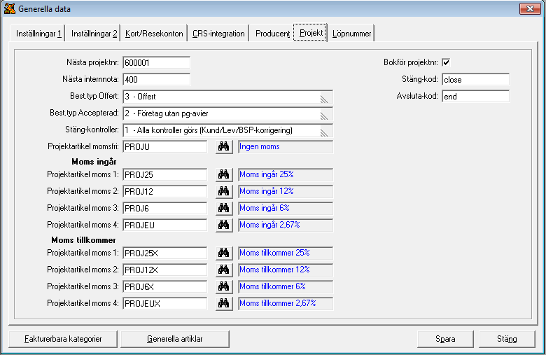 Projekt-fliken: Nu finns det ytterligare en projektartikel, d.v.s. det finns nu 5 olika projektartiklar. En utrikes momsfri, en för 25% moms, en för 12% moms, en för 6% moms och en ny för 2.