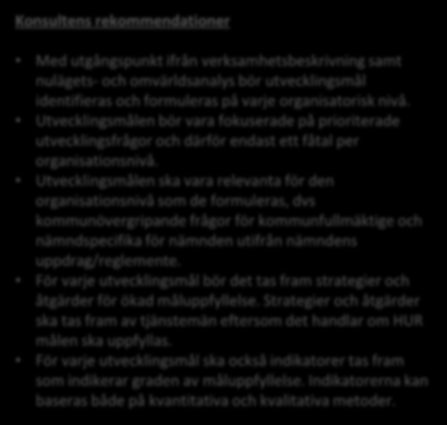 C Utvecklingsmål (med strategier, åtgärder och indikatorer) Konsultens analys av nuläget Konsultens rekommendationer Det finns formulerade och beslutade mål av kommunfullmäktige (17 st).