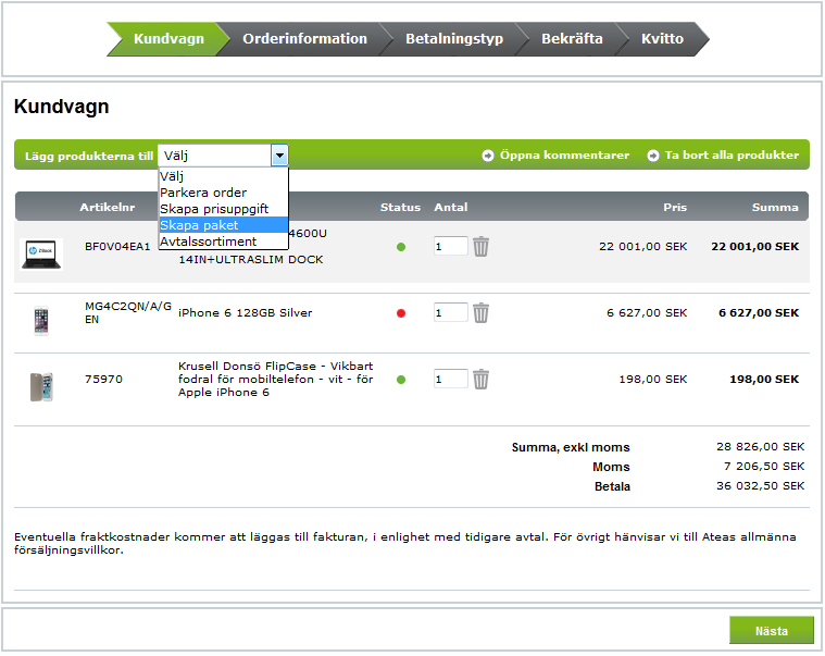 Administration Paket SKAPA PAKET 1. Välj produkt i produktlistning, på produktkortet, eller genom att samla alla produkter du vill ha i paketet i kundvagnen och tryck på Skapa produktpaket 2.