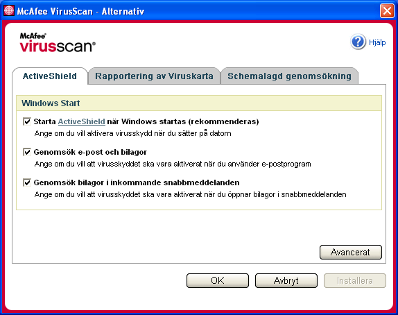 Använda McAfee VirusScan Inaktivera ActiveShield Så här inaktiverar du ActiveShield för enbart den här Windows-sessionen: 1 Högerklicka på McAfee-ikonen, peka på VirusScan och klicka sedan på