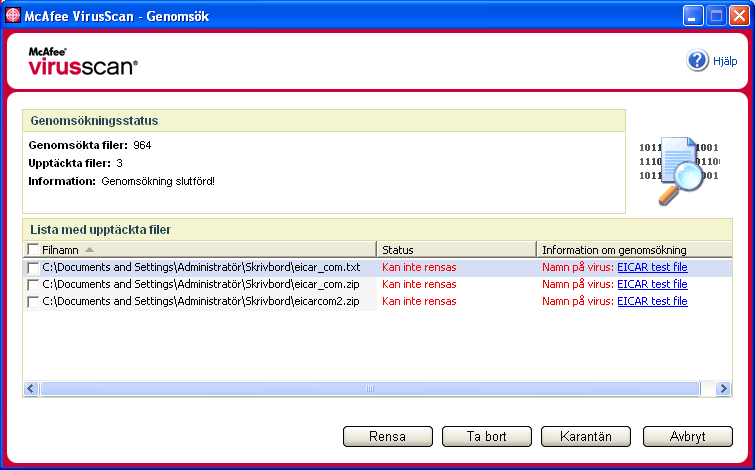 Använda McAfee VirusScan 5 Klicka på OK för att stänga sammanfattningen och visa en lista över eventuella upptäckta filer i dialogrutan Genomsök (Bild 2-10). Bild 2-10. Resultat av genomsökning OBS!