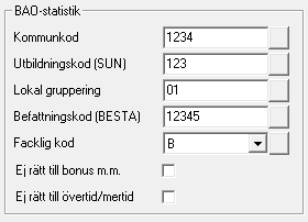 FLEX Lön Användarmeddelande (november 2015) 7 Lönestatistik till BAO Fält i personuppgifterna För att förenkla hanteringen av BAOstatistiken har vi möjliggjort att lägga in uppgifter gällande de