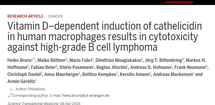 Klinisk studie på 359 patienter med B-cells lymfom. Vitamin D-brist ( < 20 nmol/l) var associerat med betydligt kortare överlevandstid vid behandling med rituximab mot lymfom. Bittenbring et al.