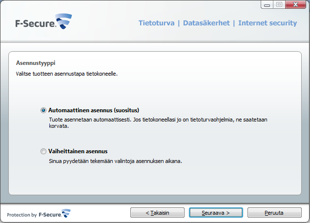 13. Din beställnings kod finns färdigt i fältet. Klicka på Nästa för att fortsätta. 14. Datasäkerhet -tjänsten frågar om du vill utföra installationen automatiskt eller manuellt.