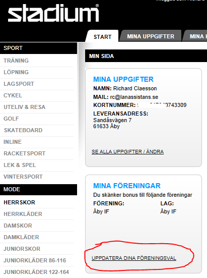 Stadium: 3 % föreningsbonus, utan kost för medlemmen.