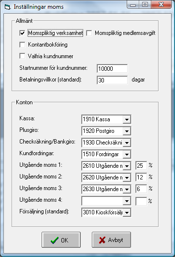 FöreningsAdministratören Manual Sid 70 Momspliktig verksamhet För att aktivera momsfunktionerna i programmet väljer du först Bokföring -delen och där väljer du menyn Bokföring och Inställningar moms.