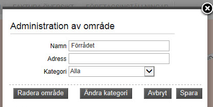 Skillnaden är ABAX 17 P å vänster sida i kartvyn finns en lista över de områden som har skapats från administratör.