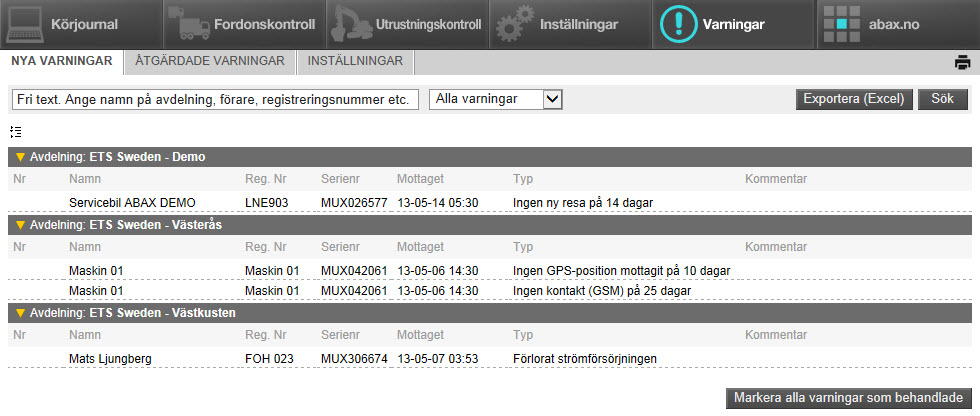 20 Skillnaden är ABAX Nya varningar Genom att välja Varningar i huvudmenyn visas en bild med nya varningar. Här listas alla inkomna varningar.