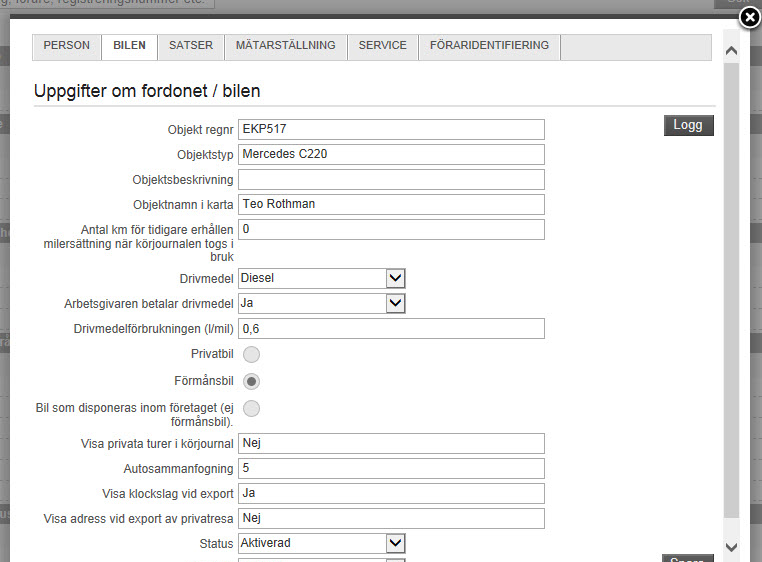 4 Skillnaden är ABAX Person Om man klickar på en användare i listan öppnas ett fönster med denna användares inställningar. Här kan man uppdatera uppgifter om bilens användare.