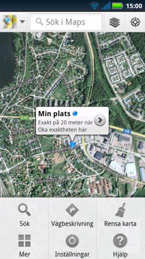 5.1.4 Galleri Galleri är en app som visar alla bilder på minneskortet. De bilder som tagits med kameran visas i kronologisk ordning i Kamerarulle. 5.1.5 Maps Google Maps är en kraftfull och lättanvänd kartfunktion som ger information om lokala verksamheter, såsom verksamhetens adress, kontaktuppgifter och vägbeskrivningar.