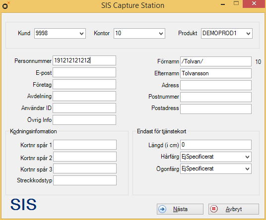 > Inmatning av personuppgifter Det första fönstret som visas när en beställning hanteras (ny eller sparad) behandlar inmatning av kortinnehavarens personuppgifter.