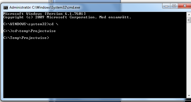 MANUAL 6 (6) Installationsanvisningar: ProjectWise Explorer, v, Trafikverkets installationspaket 6. Skriv cd\temp\projectwise och tryck på enter.