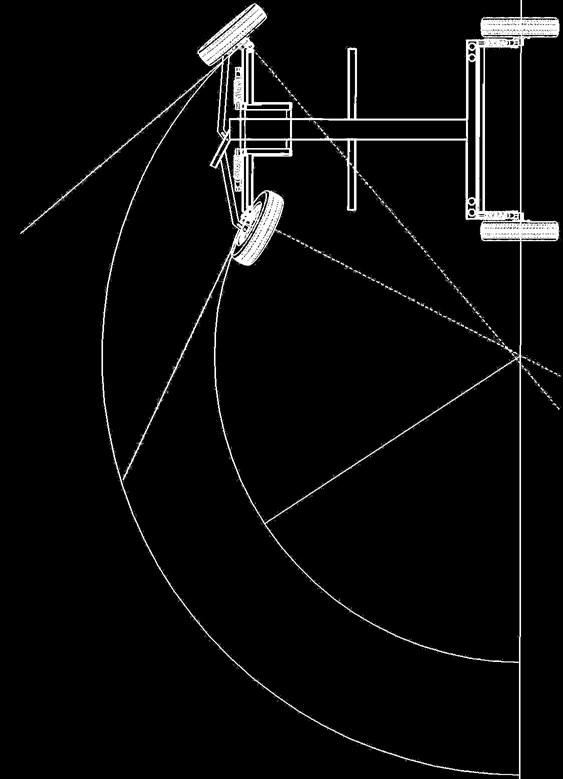BILAGA A: SVÄNGRADIER Hjulens axlar har förlängts i Solid Edge med streckade linjer, punkten där de linjerna möts visar vagnens svängradie. Den första bilden visar styrgeometrin vid maximalt utslag.