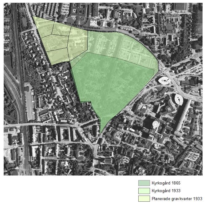 Denna kartbild är resultatet av överlagring av skikten för kyrkogårdens utbredning 1865 respektive 1933.