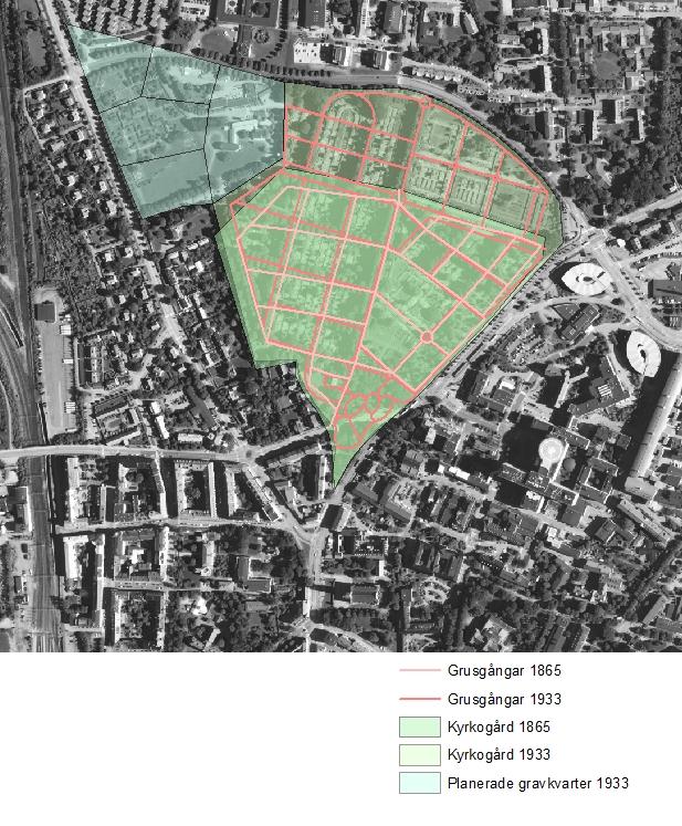 Enligt denna kartbild har en viss förändring skett av kyrkogårdens gångsystem från 1865 till 1933.