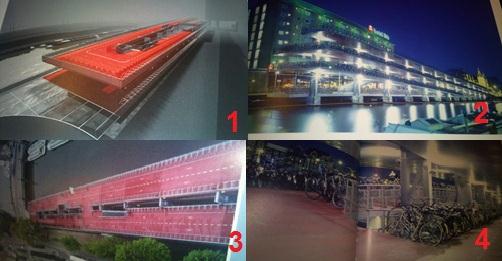 Figur 2-1: Trevånings cykelparkering invid Amsterdams centralstation. Bild 1 är en 3D-konstruktion av anläggningen. Bild 2 samt 3 är bild från olika vyer.