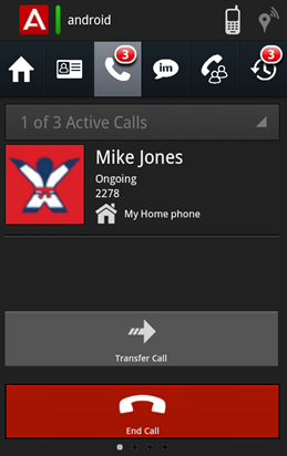 Hantera samtal Samtalslängd Den enhet som motparten använder 1. När du har ett aktivt samtal kan du trycka på fältet Överför samtal på Avaya one- X Mobile-skärmen. Skärmen Kontakter visas. 2.