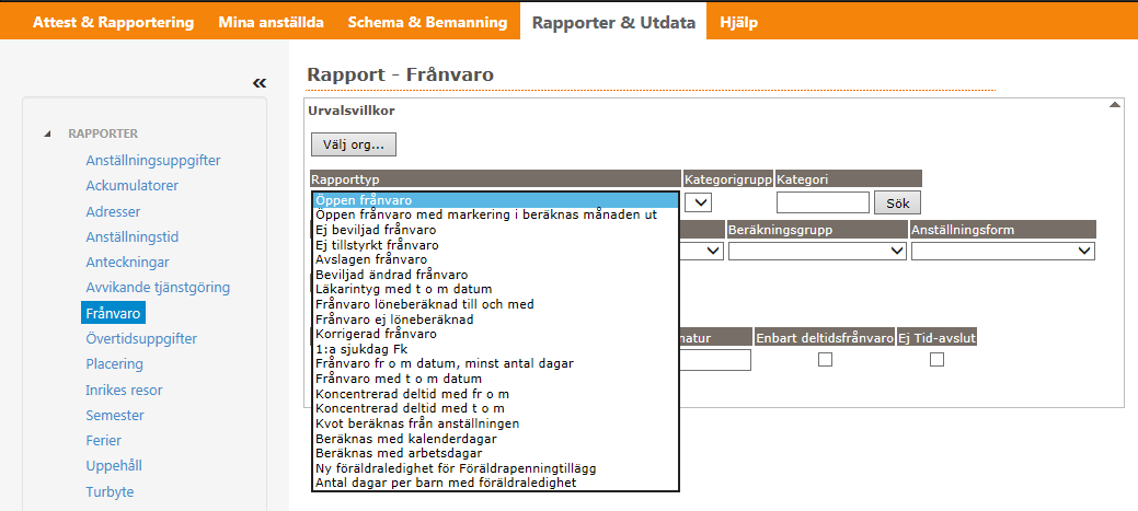 Avvikande tjänstgöring Här kan du antingen ta fram en rapport på samtliga medarbetare (då lämnar du fältet blankt) eller tar fram en person i listan. Välj datum för vilken period du vill se.