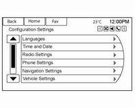 94 Instrument och reglage Tryck på knappen för konfigurationssidan på startsidan eller på CONFIGknappen på frontpanelen för att öppna konfigurationsmenyn.