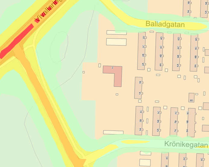 Störningar Bullerkartläggning vid planområdet. (Grönt:) dygnsmedelvärde 50-55 dba, (Gult:) dygnsmedelvärde 55-60 dba.