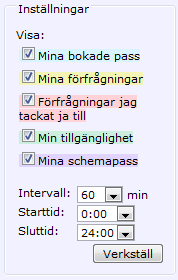 Personlig kalender Sidomenyn Inställningar Här ser vad färgerna i kalendern betyder. Du kan välja vad du vill se i kalendern genom att markera/ avmarkera.