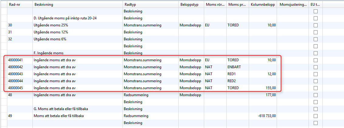 Under fliken Allmänt (1) finns möjlighet att filtrera bland vilka momstransaktioner som ska summeras i raderna (kolumn 5), möjlighet ges även att filtrera på enskilda datum eller en period.