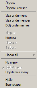8 (112) 1.3.2 Meny höger musknapp I menyfönstret kan du aktivera en rad kommandon med hjälp av höger mustangent.