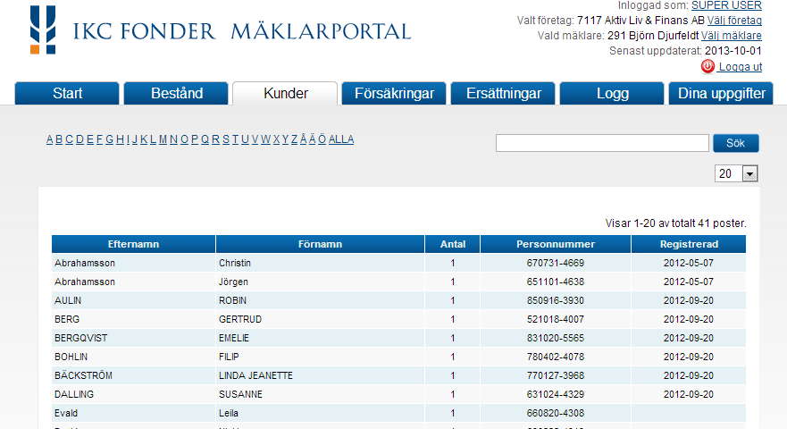 Under fliken kunder kan du söka och sortera bland de kunder och avtal som IKC Fonder bevakar.