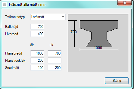 caeec211 Balk betong Sidan 11(27) 3.2.5 Tvärsnitt Här anges E-modul i [GPa], Tvärsnittstyp och tvärsnittets tillhörande mått som presenteras nedanför bilden.