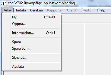 caec702 Rymdpålgrupp Lastkombinering Sidan 7(27) 3 Instruktioner Genomgång av programmet med hjälp av ett exempel. 3.1 Arkiv Under Arkiv/Information finns möjlighet för inmatning av information gällande projektet, så som Projekt, Position, Bilaga samt Beskrivning.