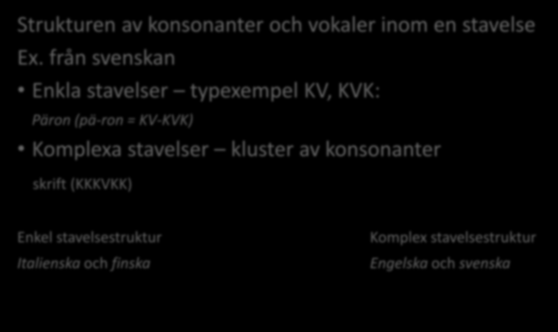 Stavelsestruktur Strukturen av konsonanter och vokaler inom en stavelse Ex.