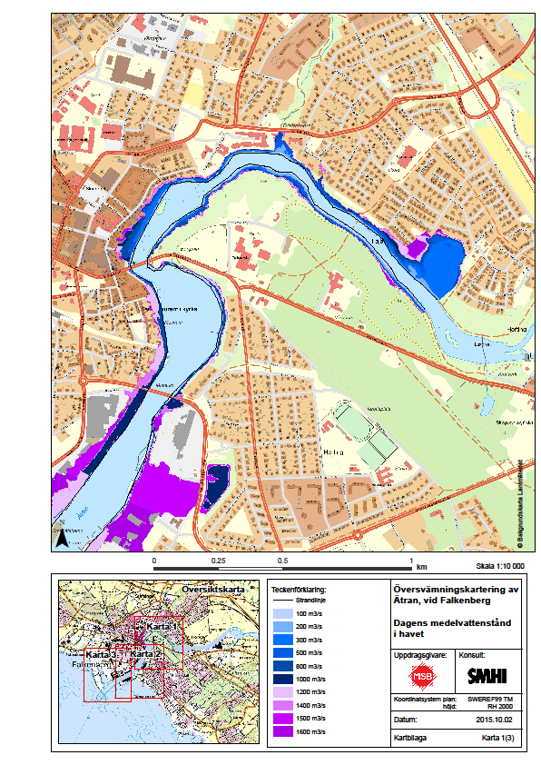 51 Figur 4-21. Översvämningskartering för Ätran vid Falkenberg. Detta exempel avser karta 1 i enlighet med översiktskartan.