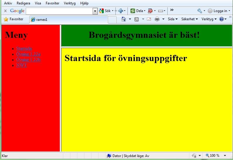 Den fjärde sidan skall dessutom innehålla några länkar. Spara dokumenten i mappen frames under förslagsvis namnen första.html, andra.html o s v. c) Skapa ett dokument ramsida.