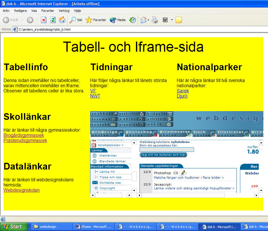 Iframe Inline floating frame En Iframe är en slags ram som läggs ovanpå en annan sida. Fördelen med en Iframe är att den är enklare att använda än traditionella ramar (frameset).