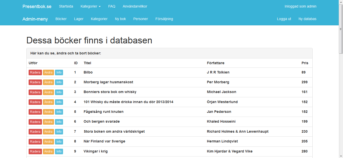 Figur 82 - Funktionen "Böcker" visar alla böcker i databasen. I funktionen Lager ges möjligheten att se och ändra lagerstatus för böcker.
