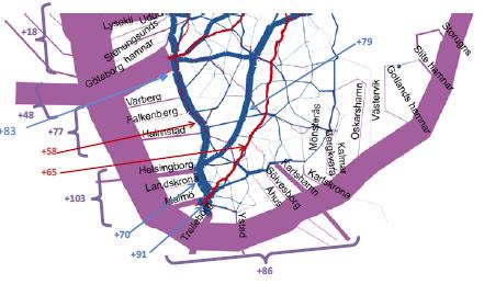 Figur 18 Godstrafikökning i procent 2006 till 2050 i södra Sverige. Källa: Trafikverkets rapport 2012:119 Godstransporter Tabell 12 Prognos för godstransportutvecklingen fram till 2050.