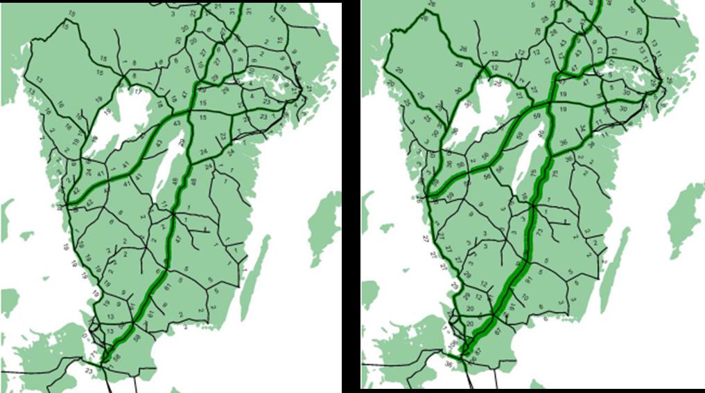 Tabell 15 Godsmängder och antal tåg på visa avsnitt I KTHs prognos Figur 19 Antal godståg I KTHs