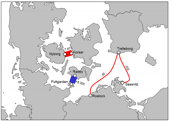 Figur 21 Effekt 2022 på järnvägstrafik av öppnandet av den fasta Fehmarn Bält förbindelsen.