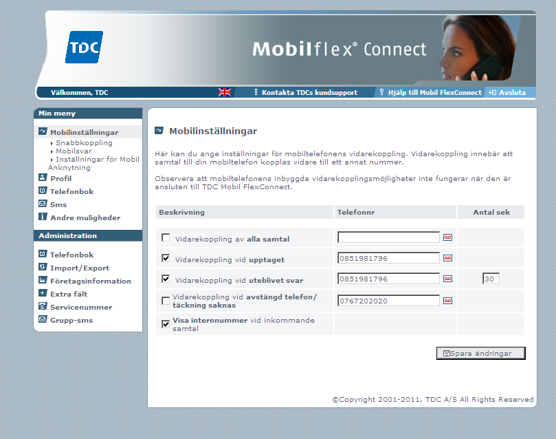 Sida 3 Med TDC MobilFlex Connect kan du använda en intern telefonbok eller ändra dina inställningar med hjälp av webb/wapgränssnittet MobilFlex Connect. Gå till www.flexconnect.