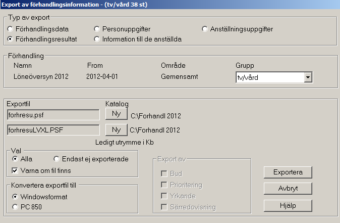 22(28) Export av Förhandlingsresultat När en grupp är klar att exportera Välj upp den gruppen som förhandlingsunderlag och Välj Export av Förhandlingsinformation under Underhåll Sök fram katalogen