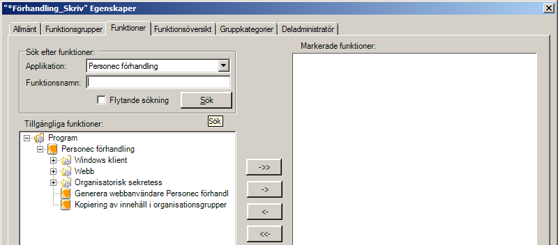 7(28) Dubbelklicka på raden för att få upp Egenskapsbilden. Här kan du nu från fliken Funktioner knyta till de funktioner som ska ingå i Rollen.