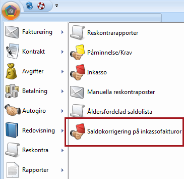 BETALNINGAR PÅ INKASSOFAKTUROR Det är även möjligt att skapa en fil över saldokorrigeringar som inkommit på fakturor som gått till Inkasso.