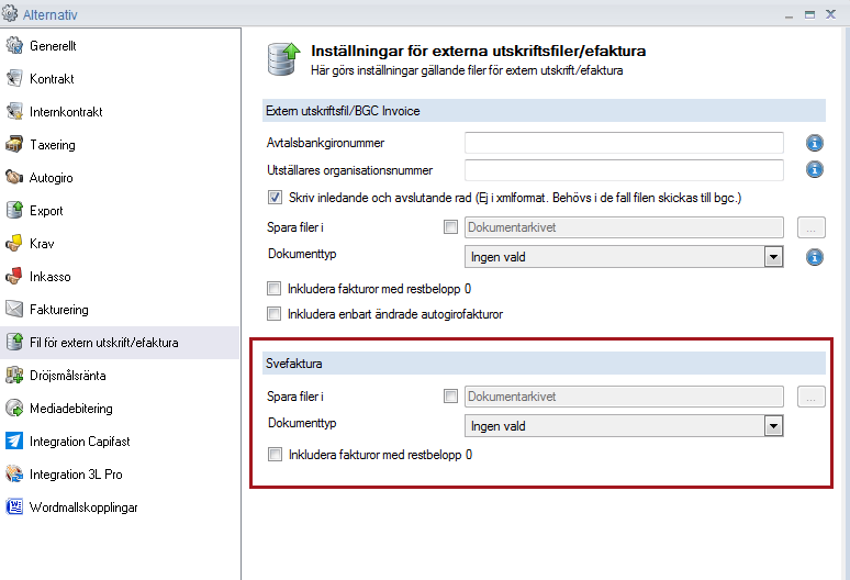 Inkludera fakturor med restbelopp 0 avser om fullbetalda fakturor ska skickas med i filen eller inte.