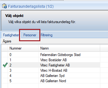 FILTER PÅ EN ELLER FLERA HYRESGÄSTER Det är möjligt att göra filter på en eller flera hyresgäster i fakturaunderlagslistan och reskontrarapporterna.