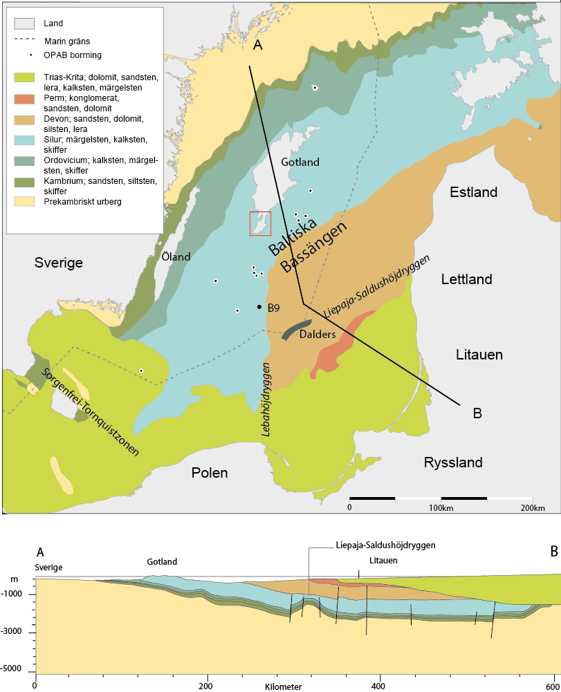 Fig. 6: Översiktlig karta med tvärsnittet A B som visar berggrundens uppbyggnad i Östersjöområdet. (Hämtad och modifierad från figur i Erlström m.fl., 2014).